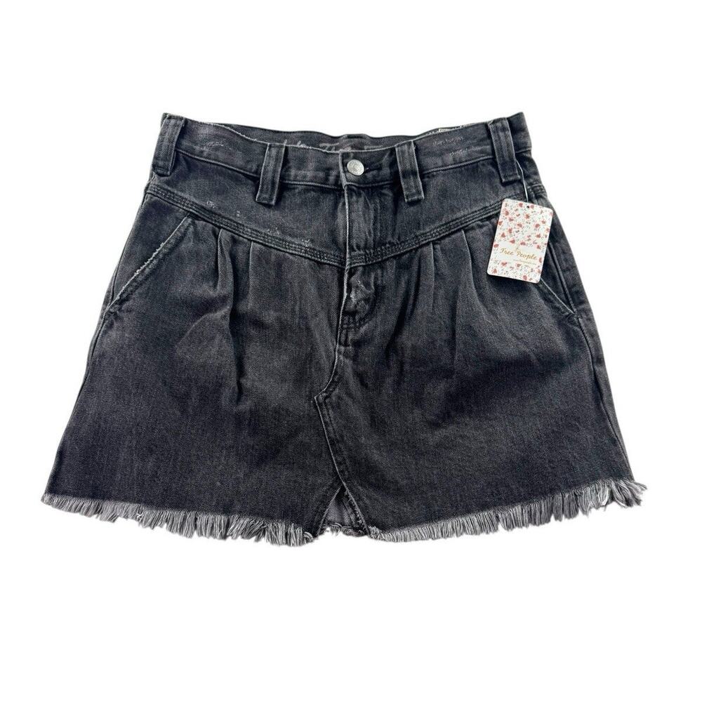Free People Sidecar Denim Mini Skirt 26 Western Raw Hem Retro Yoke Washed Black